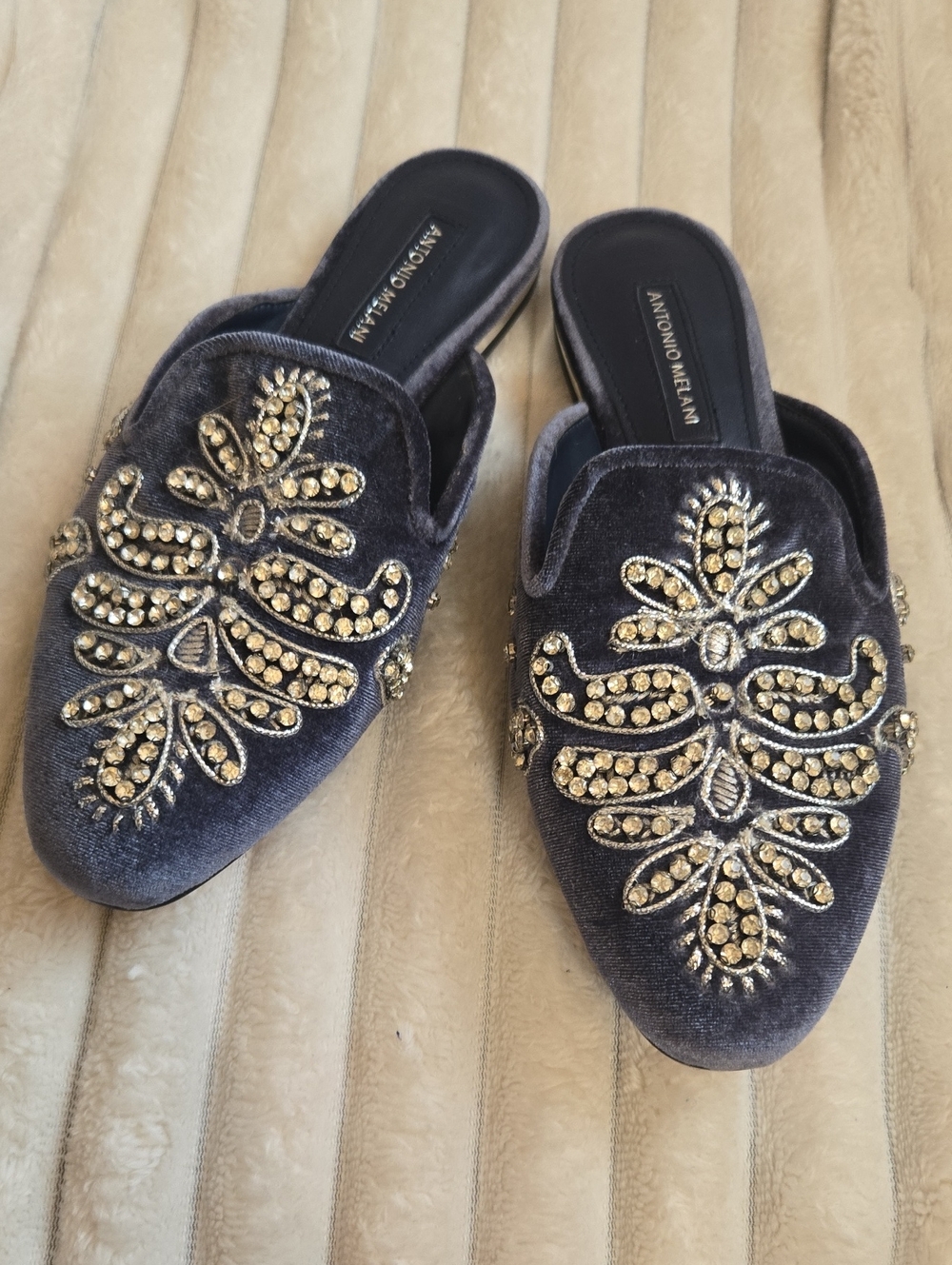 Melani Blue gray velvet jeweled slip-on mules